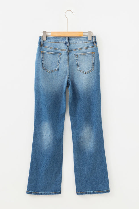 Mid Rise Distressed Wide Leg Stretch Denim Jeans