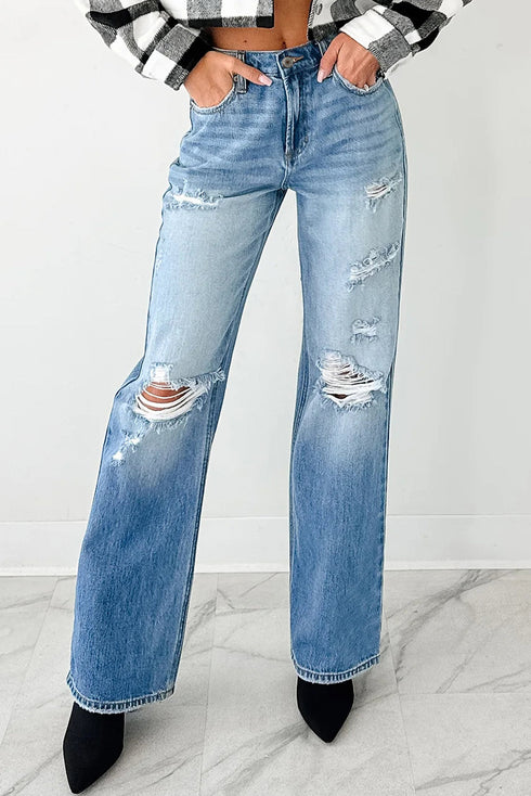 Mid Rise Distressed Wide Leg Stretch Denim Jeans