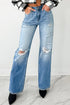 Mid Rise Distressed Wide Leg Stretch Denim Jeans