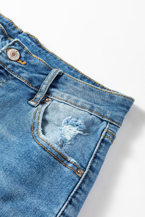 Mid Rise Distressed Wide Leg Stretch Denim Jeans