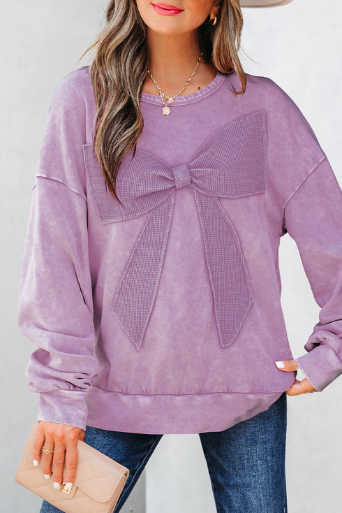 Mineral Wash Big Bow Patchwork Drop Shoulder Crewneck Sweatshirt
