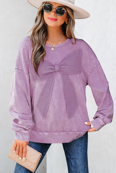Mineral Wash Big Bow Patchwork Drop Shoulder Crewneck Sweatshirt