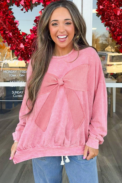 Mineral Wash Big Bow Patchwork Drop Shoulder Crewneck Sweatshirt
