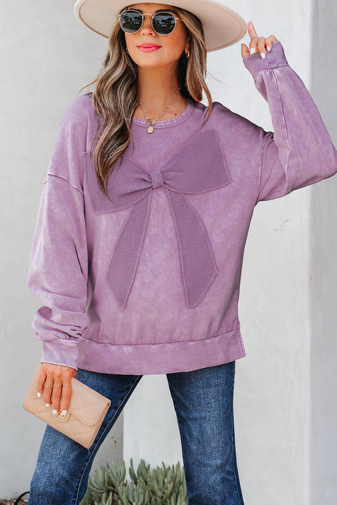 Mineral Wash Big Bow Patchwork Drop Shoulder Crewneck Sweatshirt