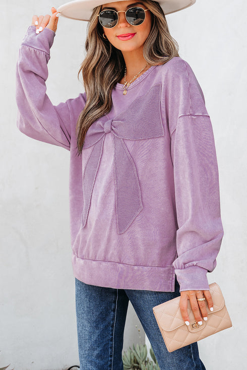 Mineral Wash Big Bow Patchwork Drop Shoulder Crewneck Sweatshirt