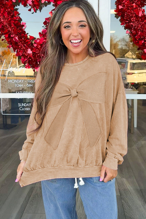 Mineral Wash Big Bow Patchwork Drop Shoulder Crewneck Sweatshirt