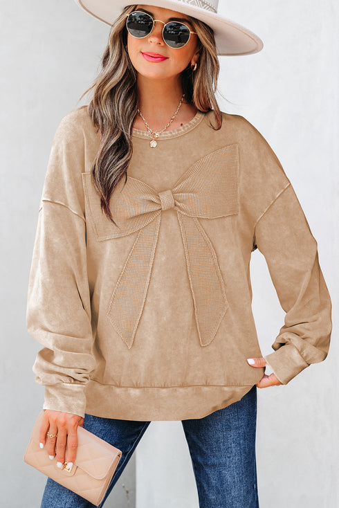Mineral Wash Bow Applique Crewneck Sweatshirt