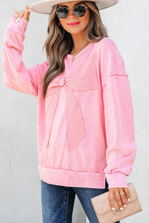 Mineral Wash Bow Applique Crewneck Sweatshirt