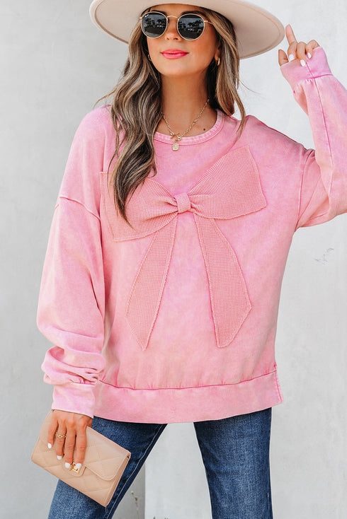 Mineral Wash Bow Applique Crewneck Sweatshirt