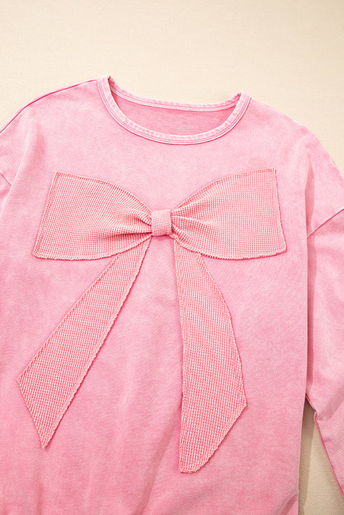 Mineral Wash Bow Applique Crewneck Sweatshirt