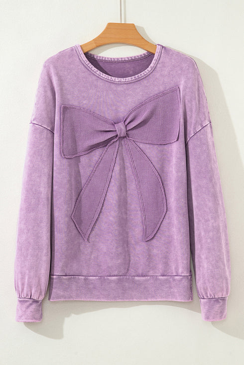Mineral Wash Bow Applique Crewneck Sweatshirt