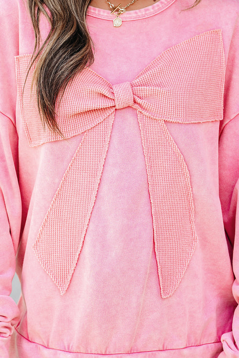 Mineral Wash Bow Applique Crewneck Sweatshirt