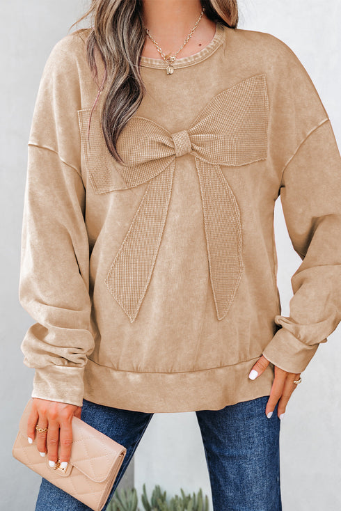 Mineral Wash Bow Applique Crewneck Sweatshirt