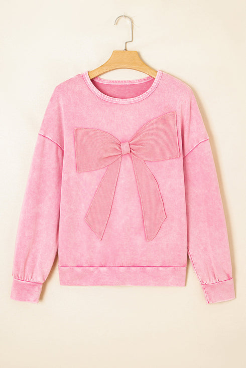 Mineral Wash Bow Applique Crewneck Sweatshirt