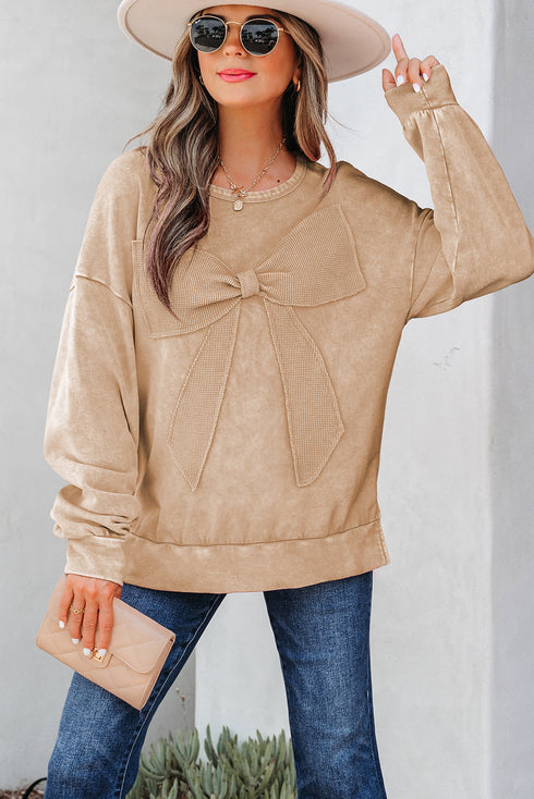 Mineral Wash Bow Applique Crewneck Sweatshirt