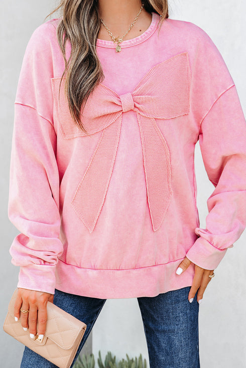 Mineral Wash Bow Applique Crewneck Sweatshirt