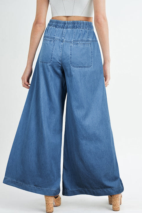 Mineral Wash Button Fly Wide Leg Denim Jeans