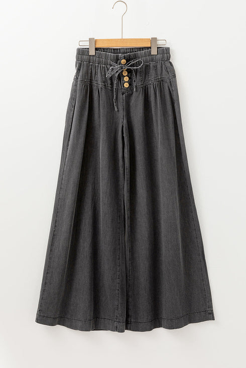 Mineral Wash Button Fly Wide Leg Denim Jeans