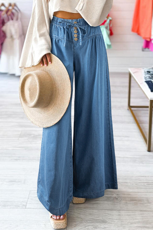 Mineral Wash Button Fly Wide Leg Denim Jeans