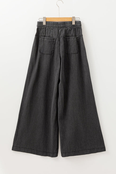 Mineral Wash Button Fly Wide Leg Denim Jeans