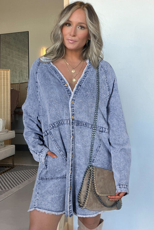 Mineral Wash Button Up Raw Hem Denim Mini Dress