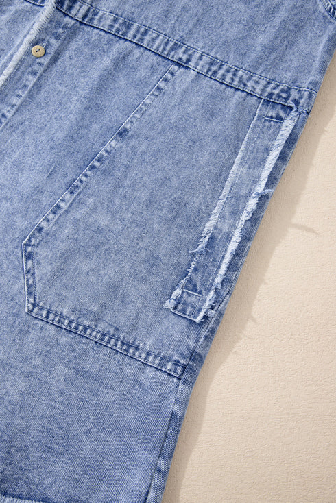 Mineral Wash Button Up Raw Hem Denim Mini Dress