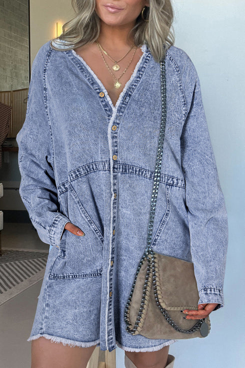 Mineral Wash Button Up Raw Hem Denim Mini Dress