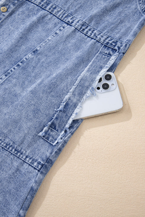 Mineral Wash Button Up Raw Hem Denim Mini Dress