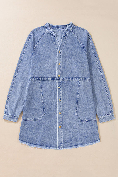 Mineral Wash Button Up Raw Hem Denim Mini Dress