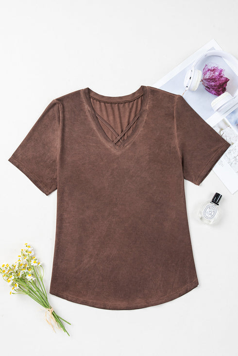 Mineral Wash Criss Cross V Neck Relaxed T-Shirt