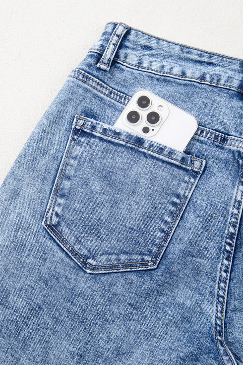 Mineral Wash Distressed Bottom Cuff Wide Leg Jeans