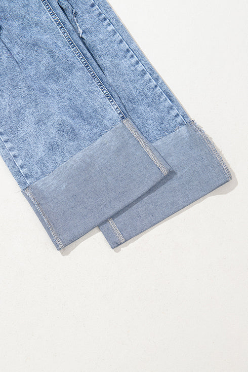 Mineral Wash Distressed Bottom Cuff Wide Leg Jeans