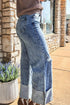 Mineral Wash Distressed Bottom Cuff Wide Leg Jeans