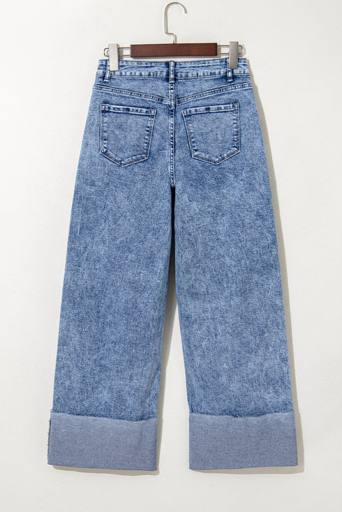Mineral Wash Distressed Bottom Cuff Wide Leg Jeans