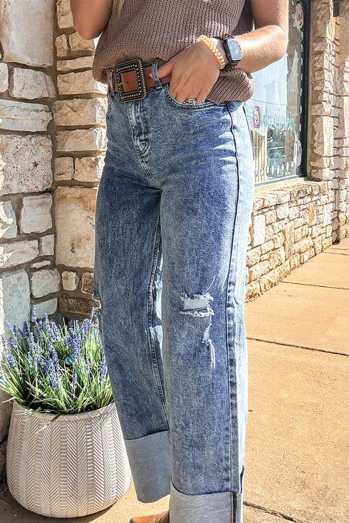 Mineral Wash Distressed Bottom Cuff Wide Leg Jeans