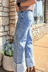 Mineral Wash Distressed Bottom Cuff Wide Leg Jeans