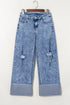 Mineral Wash Distressed Bottom Cuff Wide Leg Jeans