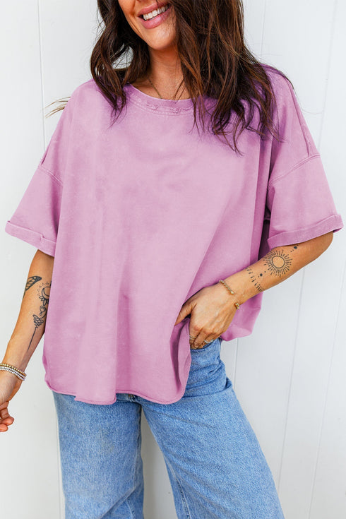 Mineral Wash Drop Shoulder Raw Edge Loose Cotton Tee