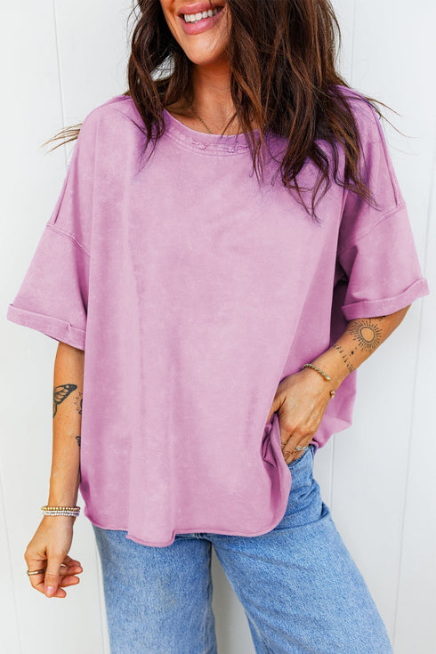 Mineral Wash Drop Shoulder Raw Edge Loose Cotton Tee