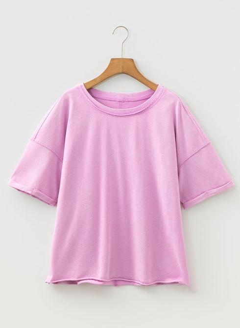 Mineral Wash Drop Shoulder Raw Edge Loose Cotton Tee