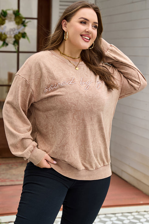 Mineral Wash Embroidered Letter Graphic Western Plus Size Sweatshirt
