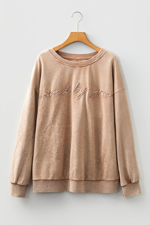 Mineral Wash Embroidered Letter Graphic Western Plus Size Sweatshirt
