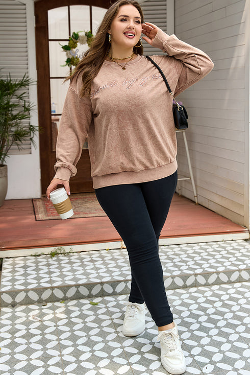 Mineral Wash Embroidered Letter Graphic Western Plus Size Sweatshirt