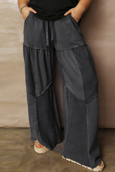 Mineral Wash Exposed Seam Patchwork Drawstring Wide Leg Pants