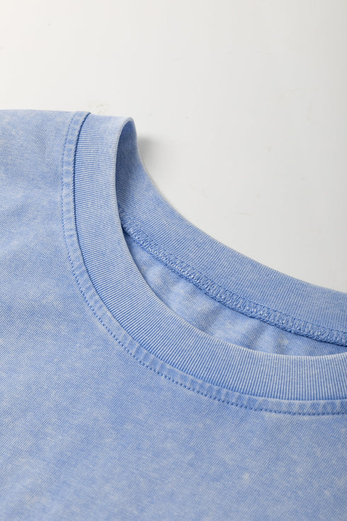 Mineral Wash Floral Applique Raw Edge Short Sleeve T Shirt Dress With Pockets