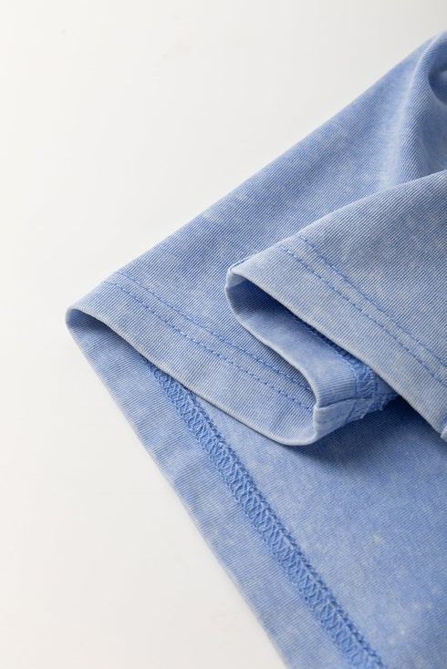 Mineral Wash Floral Applique Raw Edge Short Sleeve T Shirt Dress With Pockets