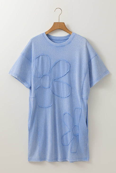 Mineral Wash Floral Applique Raw Edge Short Sleeve T Shirt Dress With Pockets