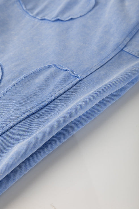 Mineral Wash Floral Applique Raw Edge Short Sleeve T Shirt Dress With Pockets