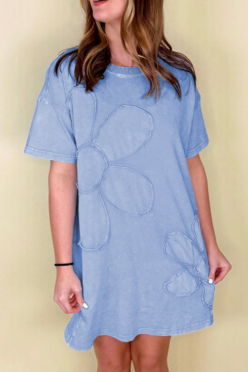 Mineral Wash Floral Applique Raw Edge Short Sleeve T Shirt Dress With Pockets