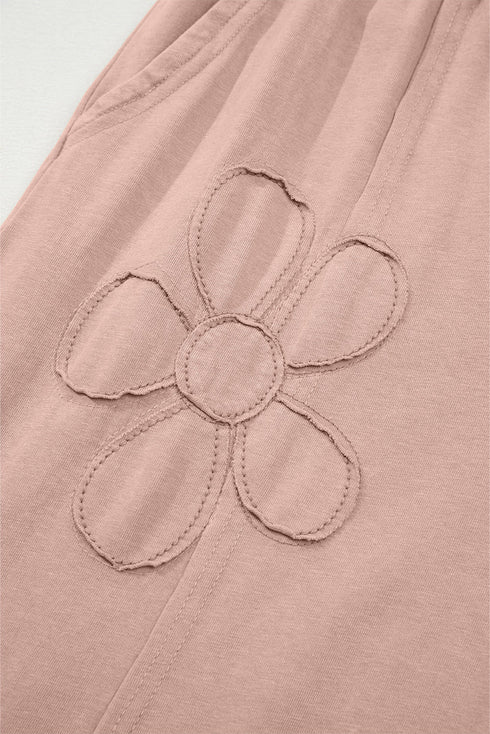 Mineral Wash Flower Applique Drawstring Cropped Wide Leg Pants